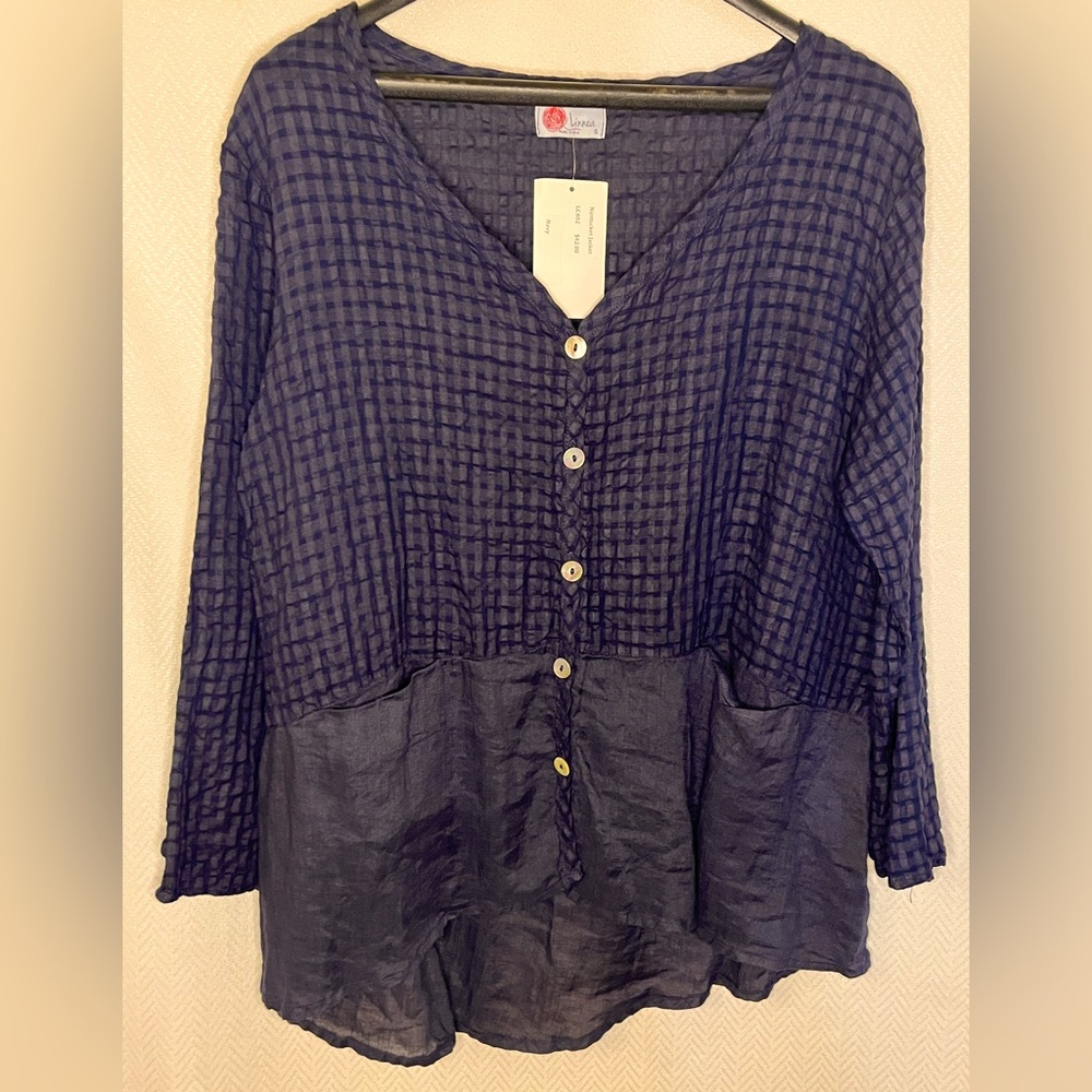 Linnea Women's Navy Nantucket Jacket Button-Up Top Lagenlook linen sz Small NWT